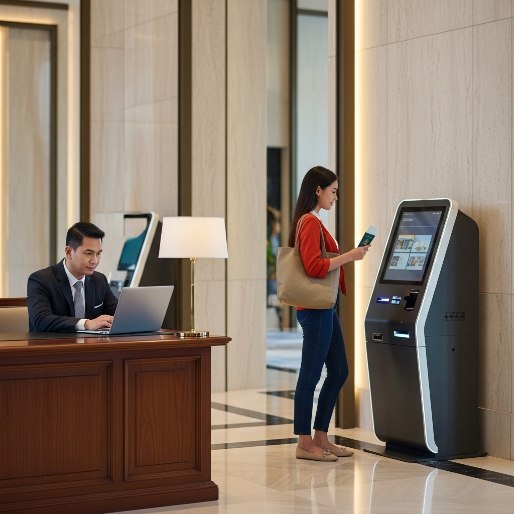 guest checking in to a hotel in bangkok using a self-checkin system